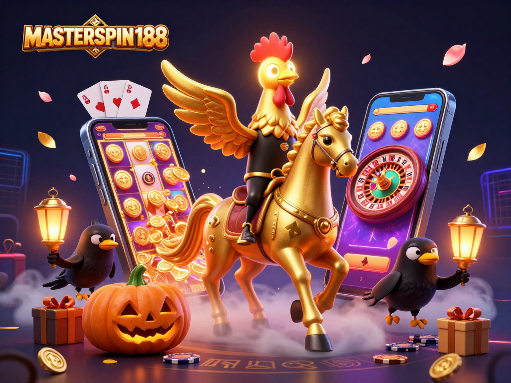 Engage with MASTERSPIN188 in a vibrant casino scene featuring golden rooster characters and dynamic game elements.