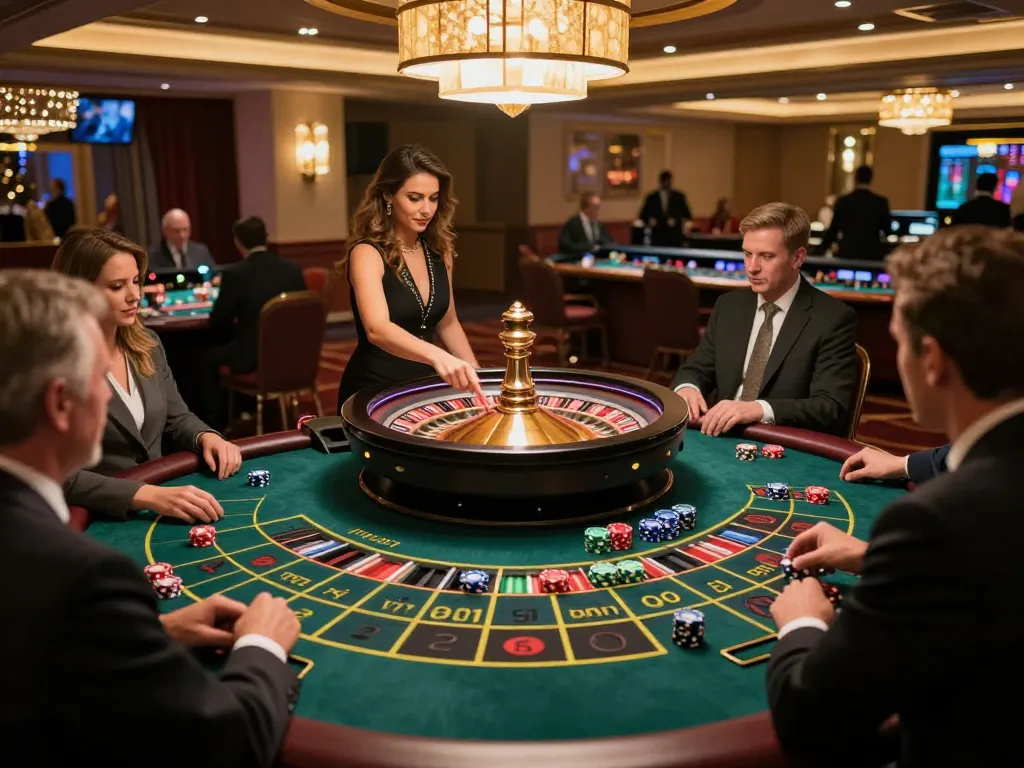 Engaged players at a roulette table in a vibrant casino, showcasing the exhilarating atmosphere of 888new.