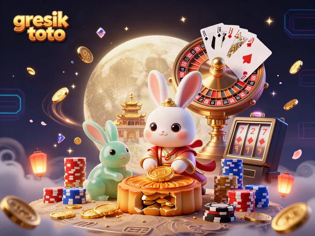 Experience the thrill of playing on gresik toto with vibrant 3D visuals, golden poker chips, and spinning roulette wheels.