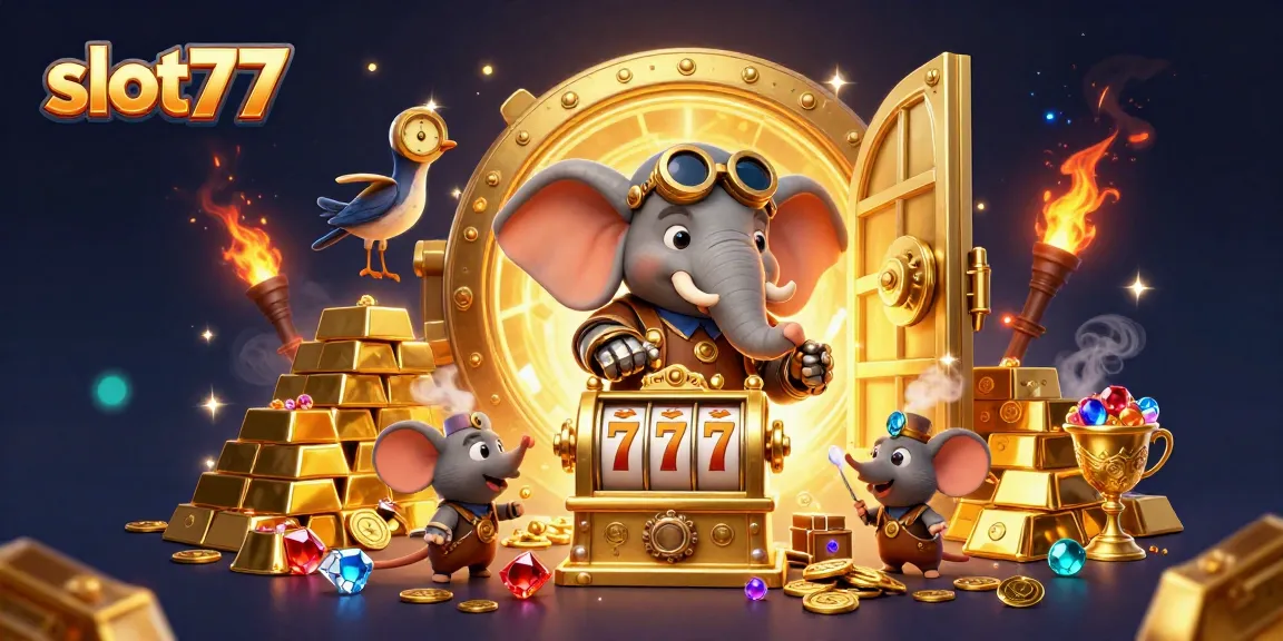 Slot77 menampilkan gambar kasino yang penuh dengan simbol mesin slot, emas, dan kekayaan.