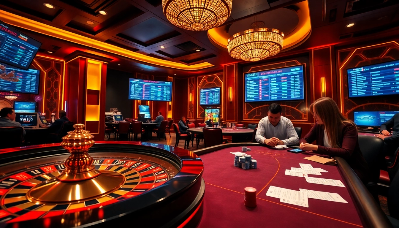 Exciting gambling scene showcasing ty le keo nha cai with poker chips and betting tables.