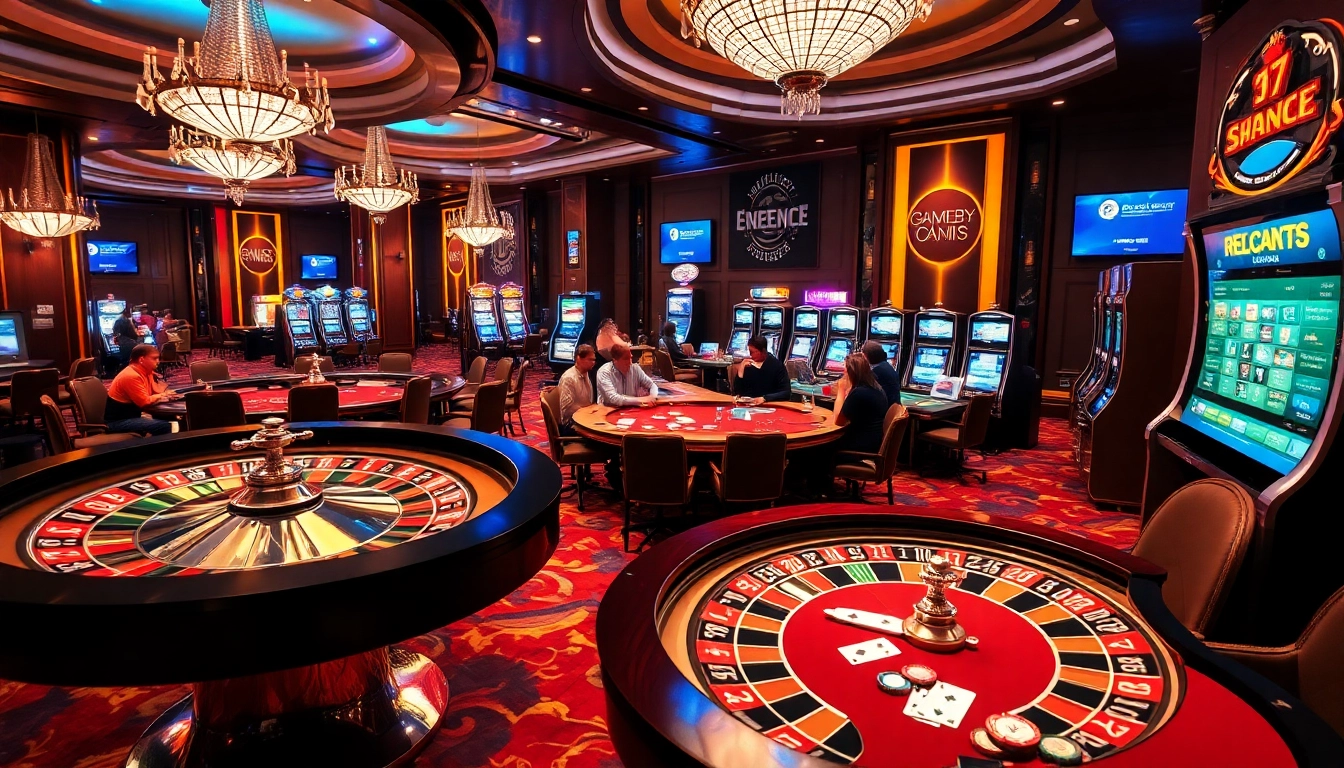 Experience the excitement of ktpjitu with players engaging at a luxury casino showcasing vibrant tables and slot machines.
