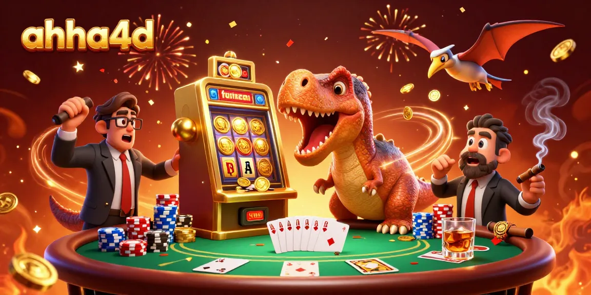 Experience ahha4d as a pachycephalosaurus wins a jackpot from a slot machine amid a vibrant casino scene.