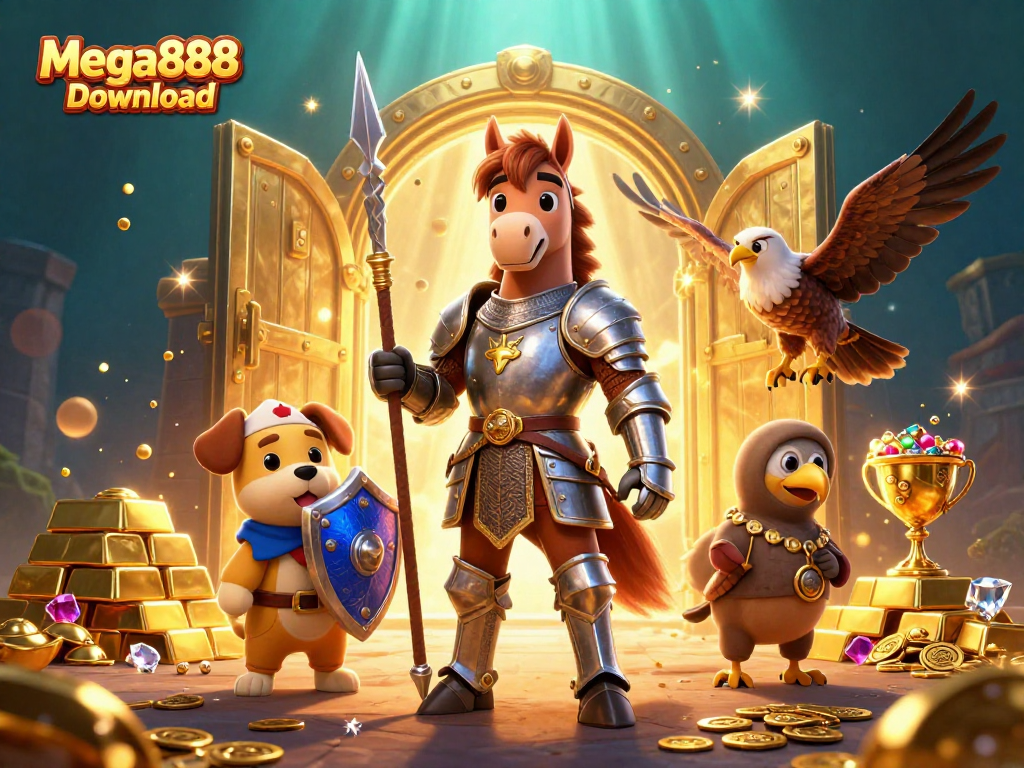 Muat turun Mega888 dengan grafis menarik, knight bersenjata dan banyak harta karun berkilau.