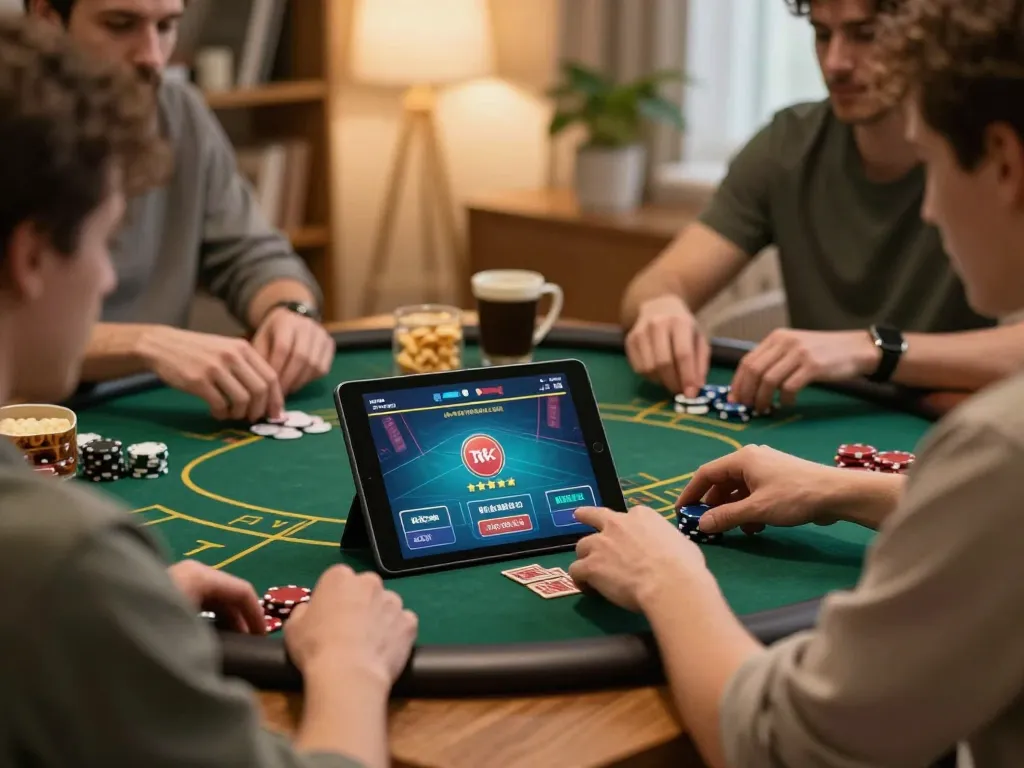 Players strategizing in an online poker game on Pakde4D platform while enjoying a cozy home atmosphere
