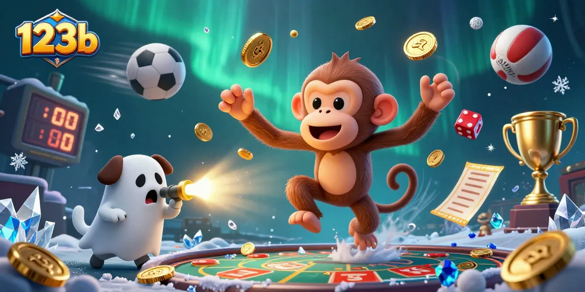 Engage with the thrilling 123b casino experience featuring a playful ghost monkey juggling golden items in a vibrant scene.