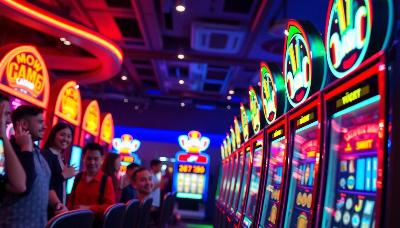 Generate excitement as players engage with a colorful slot machine in a lively casino.
