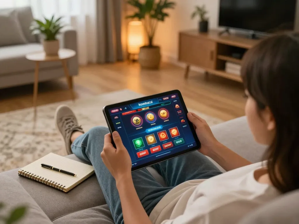 Engaging in keonhacai online casino game session on a tablet, showcasing a cozy home atmosphere with planning materials