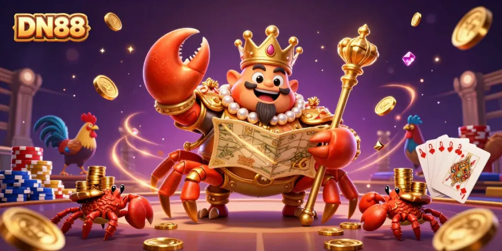 DN88 enthralling cockfighting experience with golden crab emperor and lavish treasure elements.