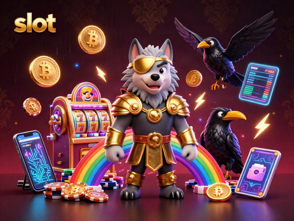 Spin the slot reels with Odin, Huginn, and Muninn amidst a vibrant casino scene.