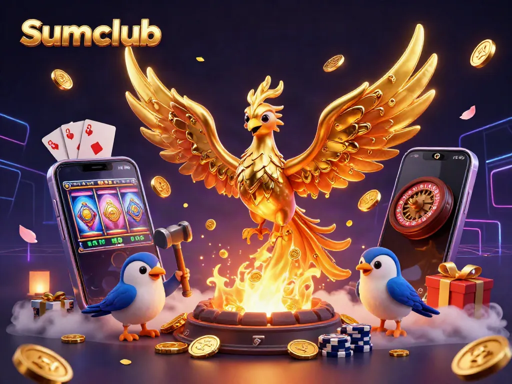 Experience excitement at Sumclub with a 3D golden phoenix emerging from a forge amid vibrant gaming elements.