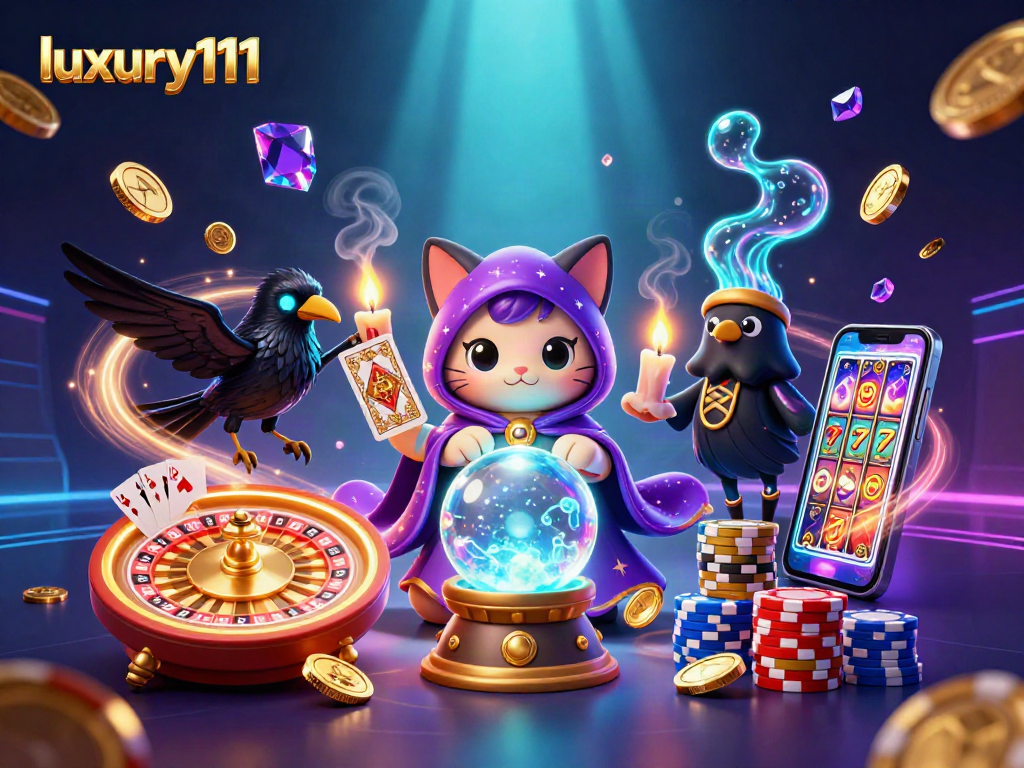 Engage with luxury111 and the magic of casino games illustrated in vibrant detail, featuring mystical characters and dynamic gambling elements.