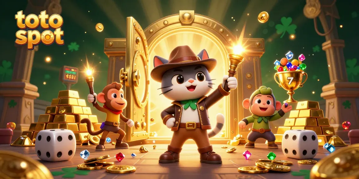 Kucing arkeolog menemukan artefak kasino emas di kuil, simbol slot toto slot menghiasi scene.