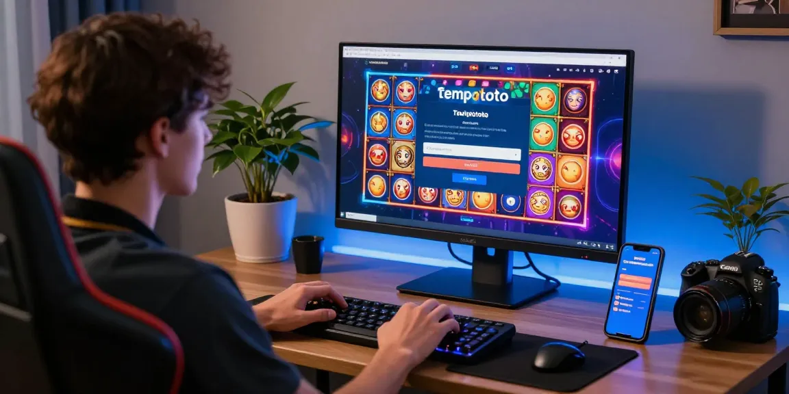 Engaging tempototo login scene showing a player accessing an online gaming portal with vibrant graphics and a cozy setup.