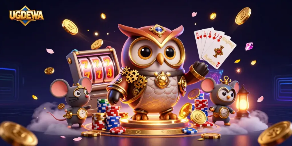 Engage with UGDEWA's thrilling slot experience featuring 3D characters and dynamic casino elements.
