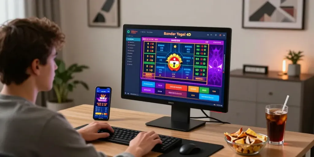 Engaging Bandar Togel 4D online gambling scene with player at computer.