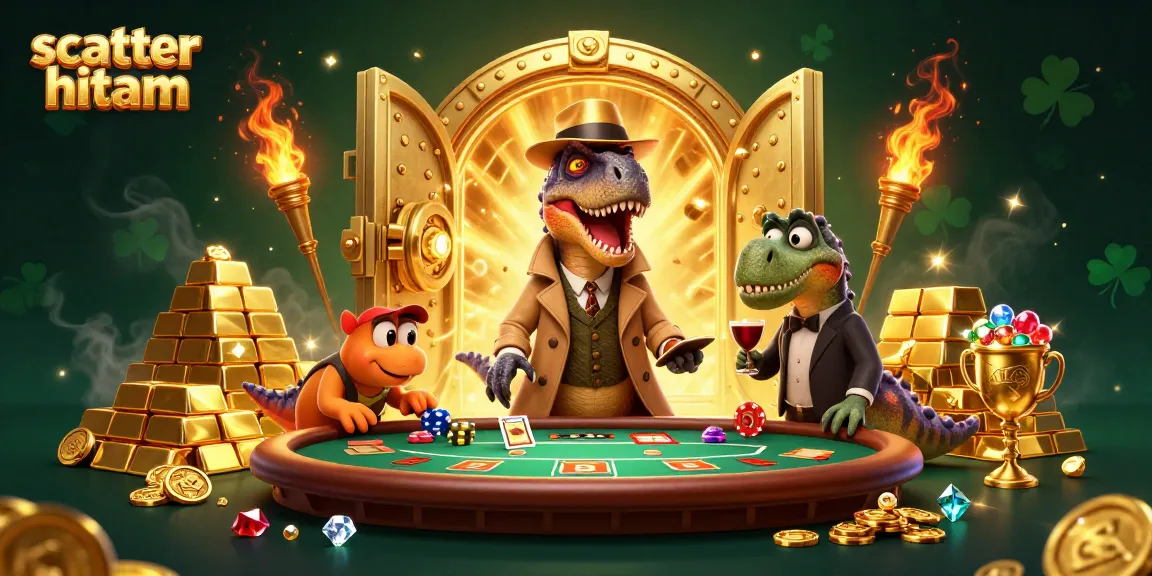Experience scatter hitam excitement with a velociraptor card counter and more in a vibrant casino scene.