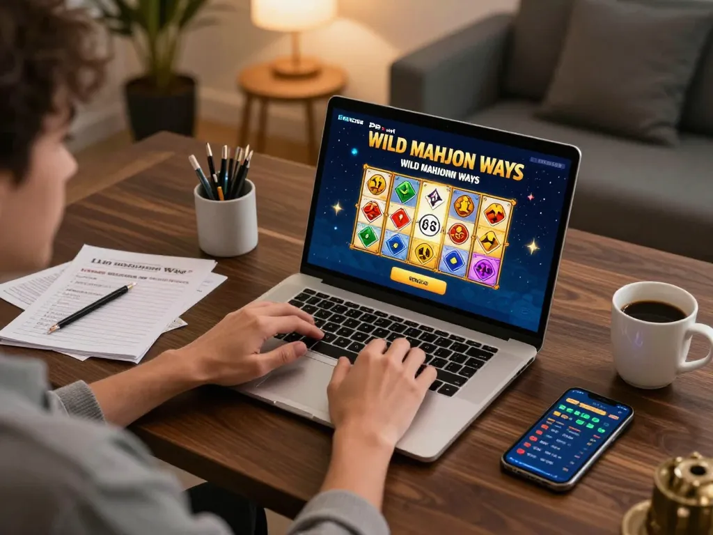 IDNSCORE showcases online players enjoying free demo play of PG Soft Wild Mahjong Ways in a cozy gaming setup.