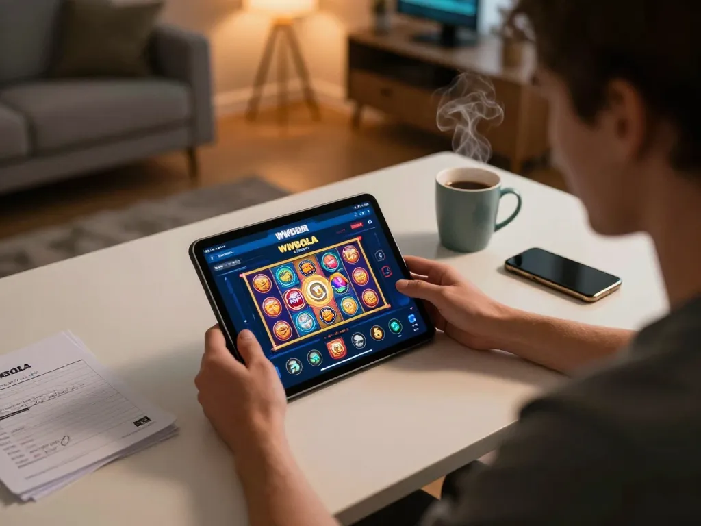 WWBOLA player enjoying online slot games on a tablet in a cozy gaming setup.