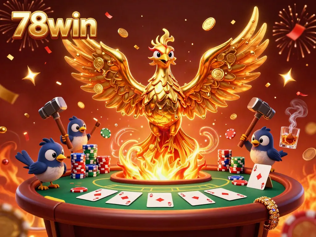 Experience the vibrant energy of 78win with a molten metal phoenix and poker elements creating a dynamic scene.