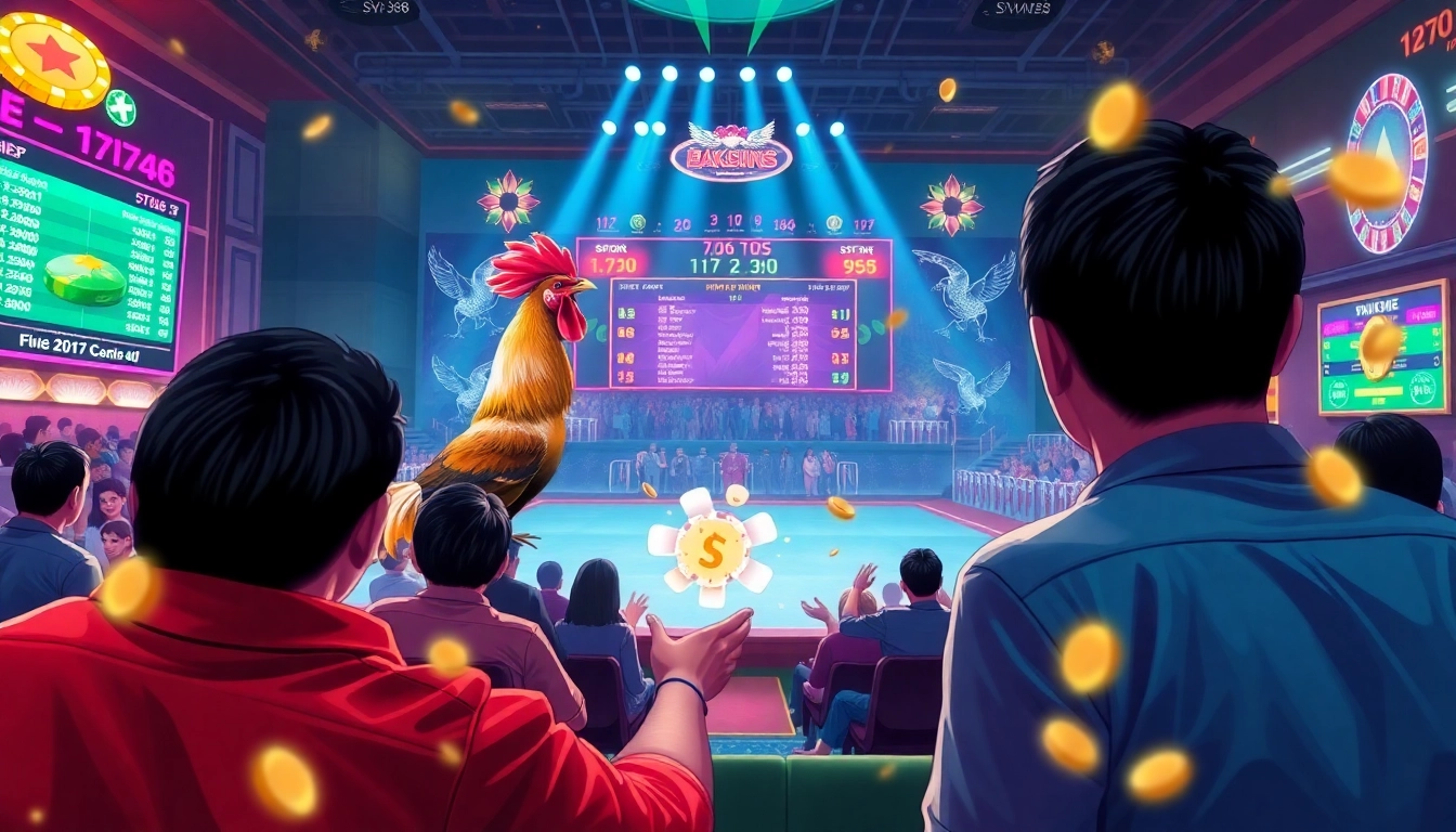 Experience the thrill of SV368 đá gà with a vibrant virtual cockfighting scene, showcasing live betting excitement.