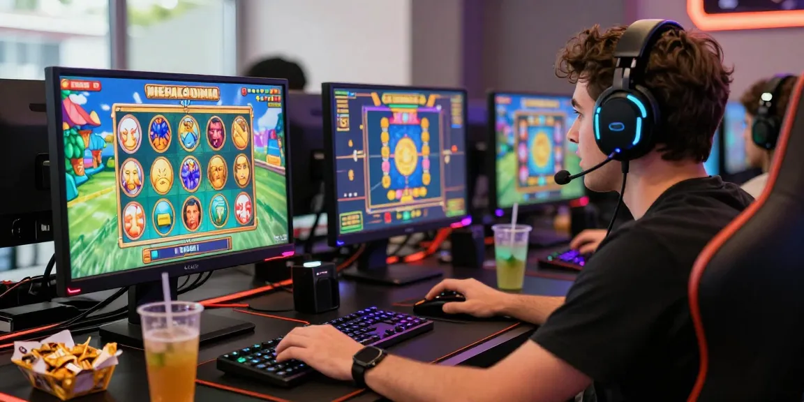 Pengguna bermain slot online di NAGAHITAM303 dengan suasana penuh warna dan pencahayaan LED, menunjukkan pengalaman gaming yang mengasyikkan.
