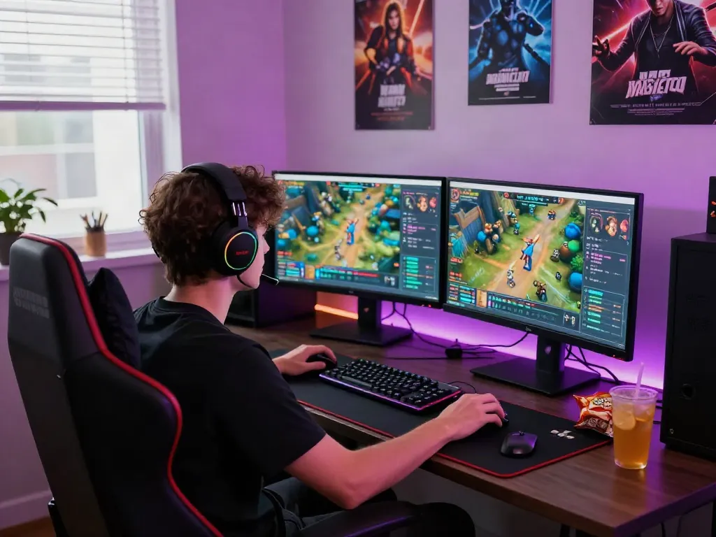 Seorang gamer fokus pada permainan natunatoto di setup gaming canggih dengan pencahayaan RGB.