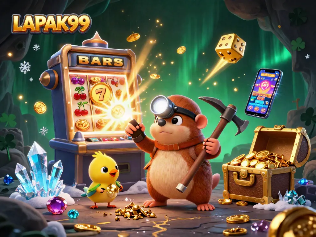 Experience the excitement of LAPAK99 with a treasure hunter, slot machine, and dazzling gems.