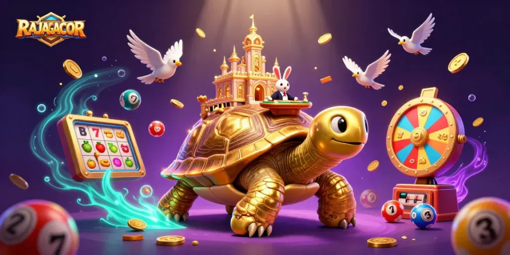 RAJAGACOR menghadirkan ilustrasi kasino 3D dengan kura-kura emas dan dealer kelinci.