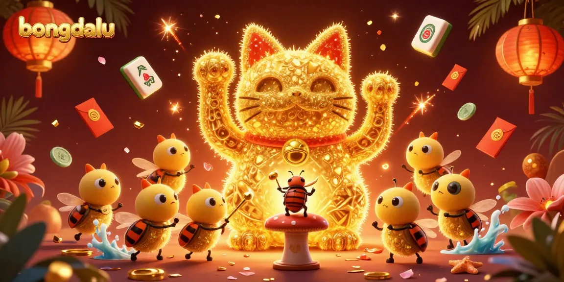 Engage with bongdalu's dynamic gambling world through vibrant 3D illustrations featuring lucky cats and casino symbols.