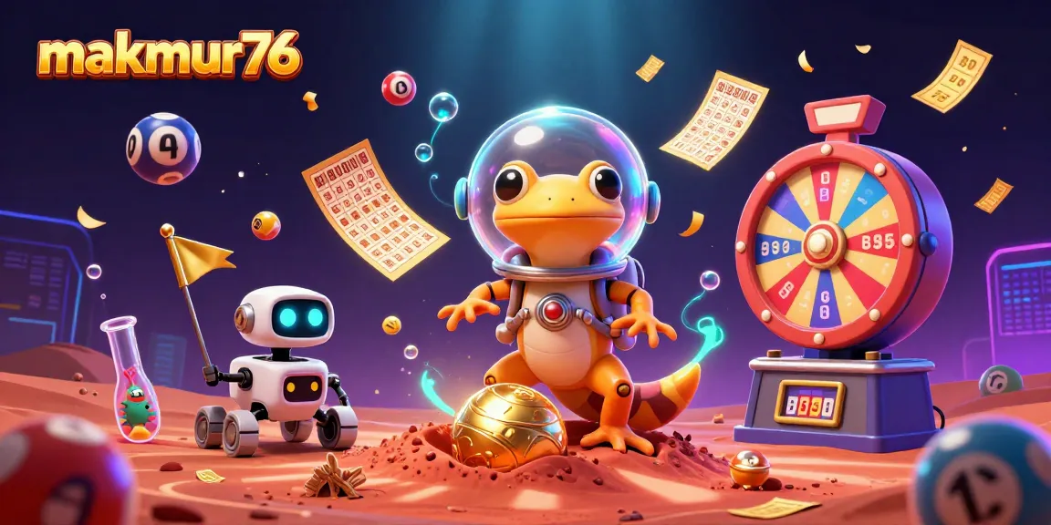 Experience makmur76's vibrant casino world with Martian gecko exploring golden riches in a dynamic scene.