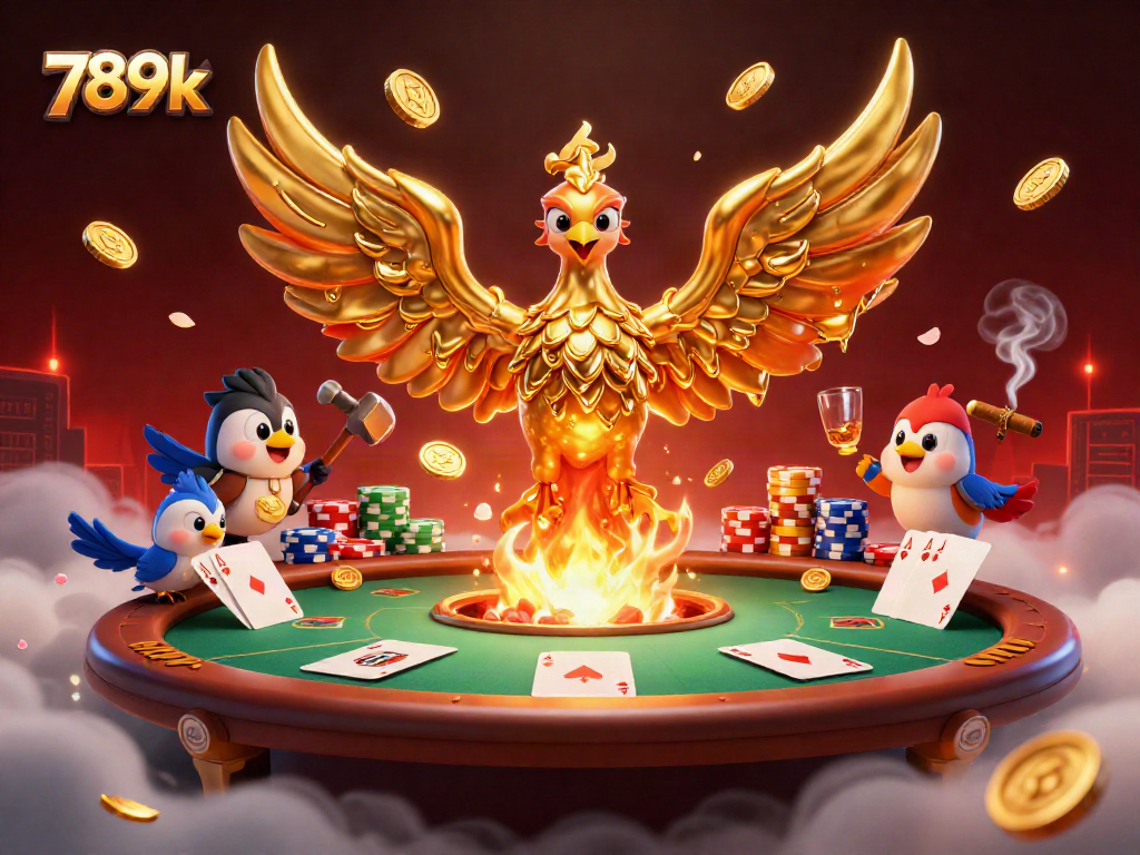 Experience thrilling play at 789k casino with a majestic phoenix and poker elements.