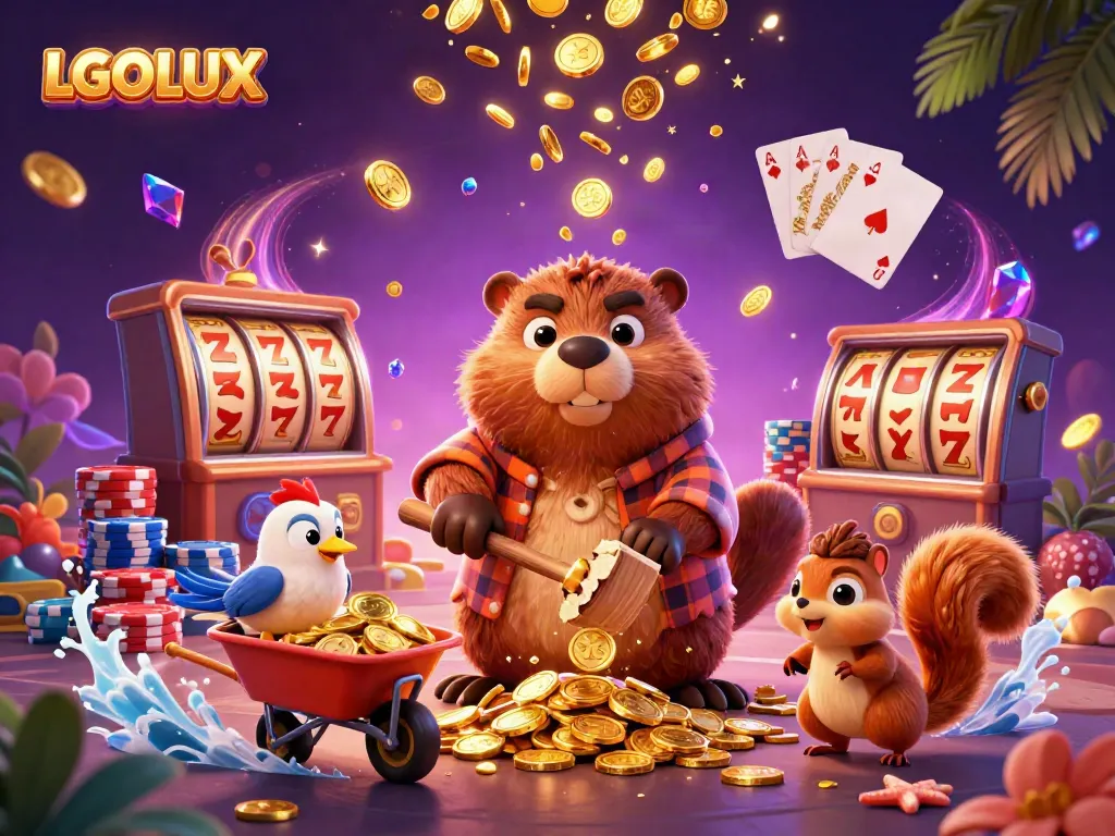 Experience the joy of winning with LGOLUX as a beaver chops trees raining coins in a vibrant gaming scene.