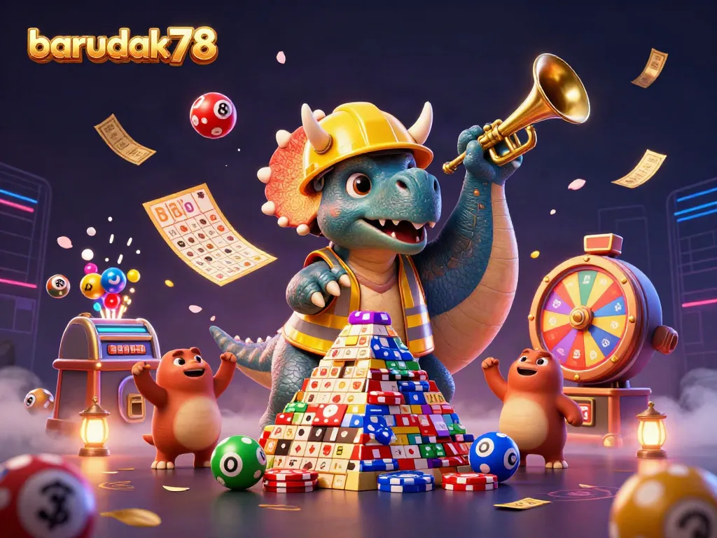 Barudak78 merayakan kemenangan dengan karakter kartun dino di kasino, penuh bola lotere berwarna, tiket emas, dan suasana ceria.