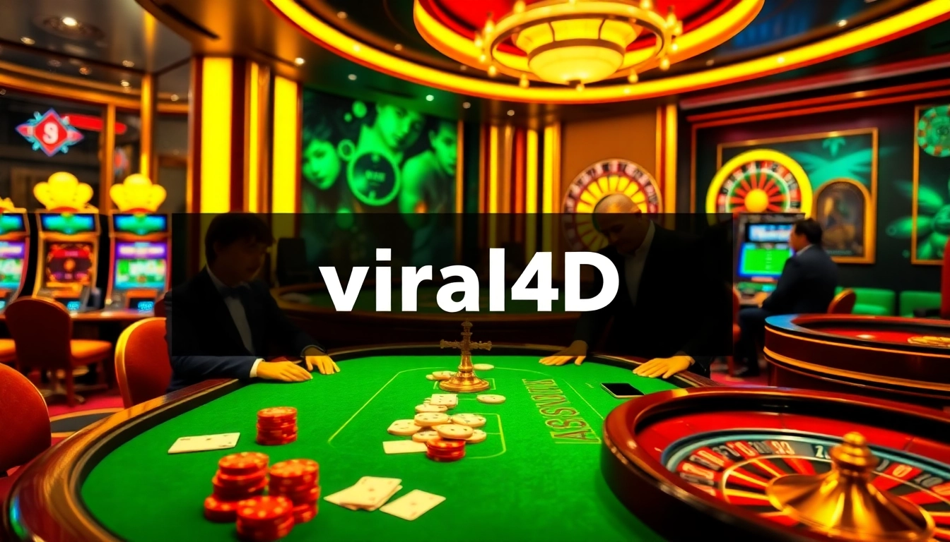 Experience the thrill of gambling at viral4d's luxurious casino, featuring slot machines and a poker table.
