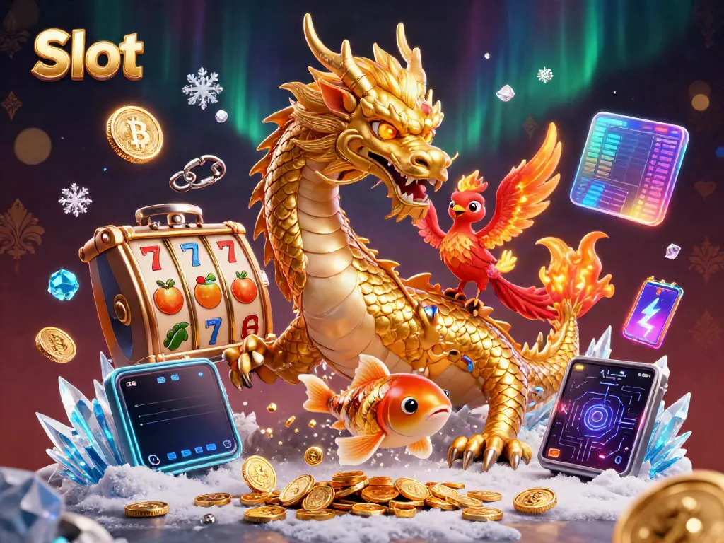 Simbol Slot yang Menggoda dengan Naga Emas berkualitas tinggi, Phoenix Merah, dan Koi Emas sedang beraksi.