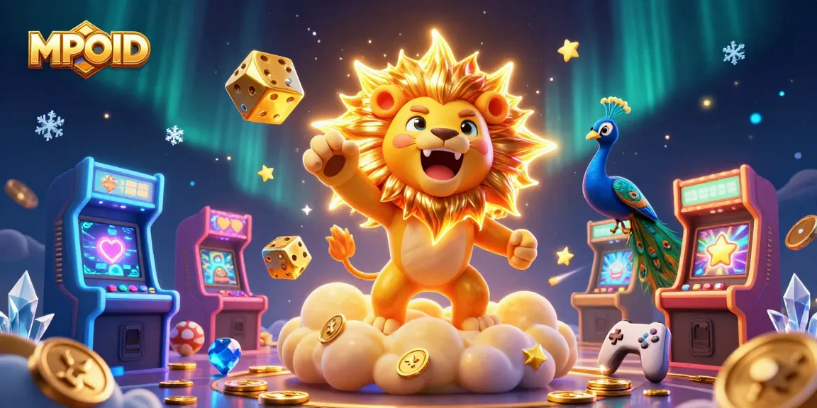 Engage with MPOID's thrilling casino universe featuring a roaring lion, cosmic dice, and arcade energy.