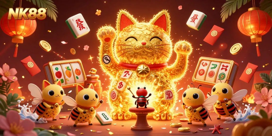 Engage in thrilling casino adventures with NK88 as golden fireflies and a lucky cat bring the excitement alive.