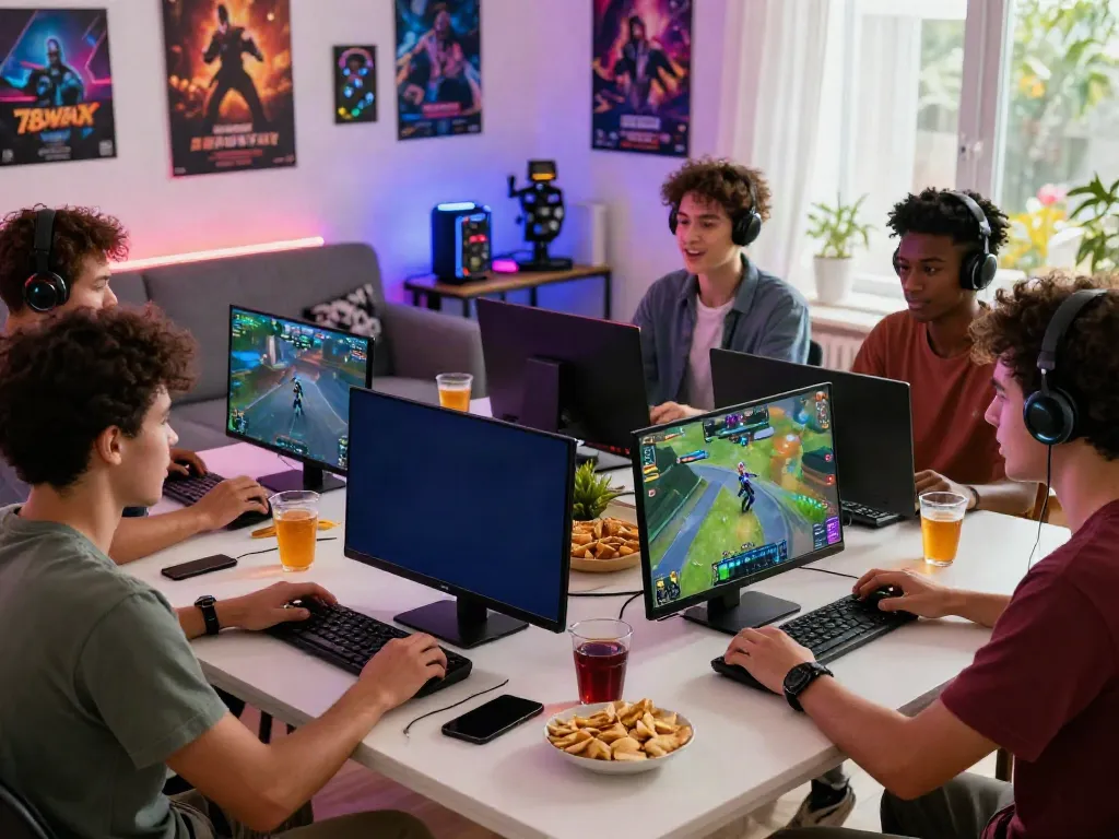 Friends enjoying a gaming session on the 78win platform in a vibrant living room.