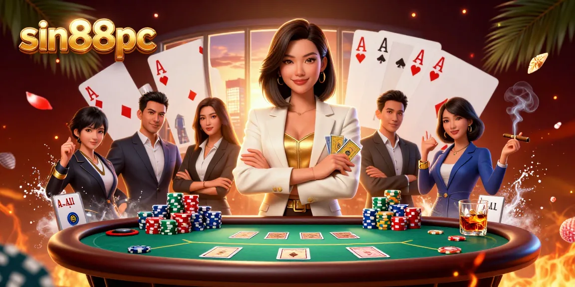 Experience the thrill of sin88pc with an elegant Asian woman holding golden cards amidst vibrant casino elements.