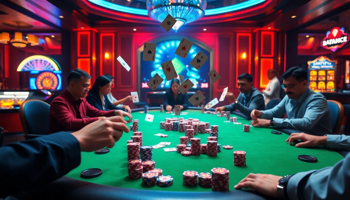 Exciting poker game at berlian 888 with vibrant chips and cards in a luxurious casino atmosphere.