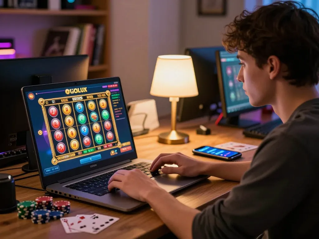 Player spinning slots on LGOLUX platform, vibrant laptop scene with gaming atmosphere