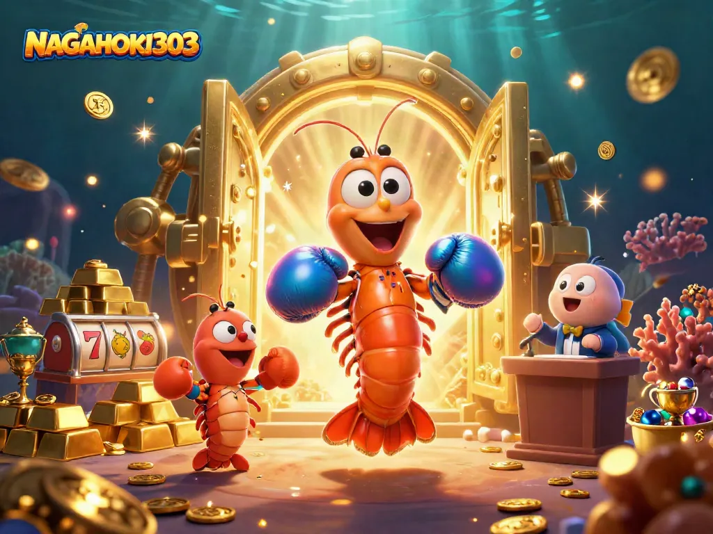 NAGAHOKI303 showcases a vibrant scene with marine characters and slot game elements amidst golden treasures.