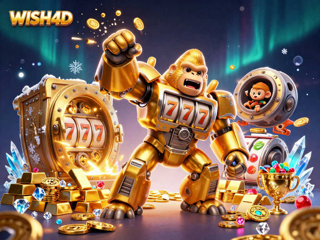 Join WISH4D in this action-packed 3D scene featuring a golden gorilla mech surrounded by vibrant casino treasures.