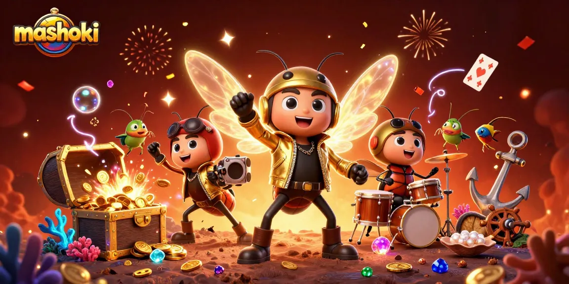 Engage in the vibrant mashoki casino action with a rock star cicada, gold treasures, and floating playing cards.