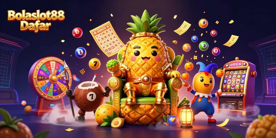 Bolaslot88 Daftar showcases vibrant casino elements with a golden pineapple king and exciting game action.