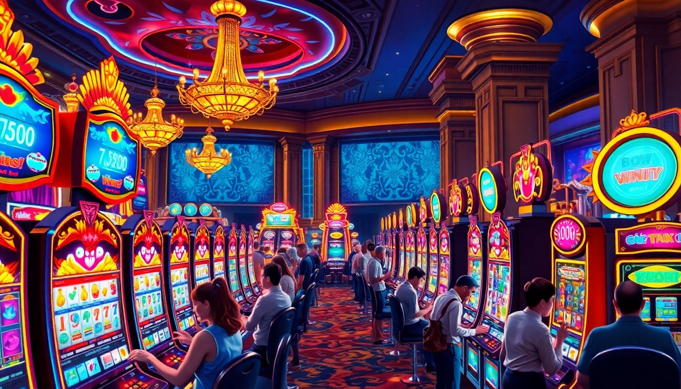 Pemain menikmati pengalaman slot yang mengasyikkan di kasino dengan mesin penuh warna.