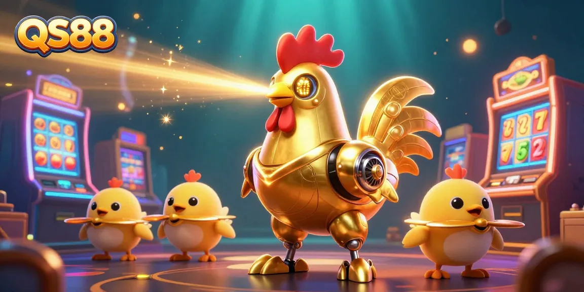 Engage in thrilling slot action with QS88 amid vibrant 3D casino game elements and golden graphics.