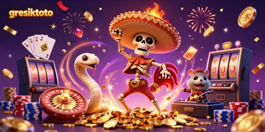 Experience the excitement of gresiktoto with colorful casino characters celebrating wins in a vibrant scene.