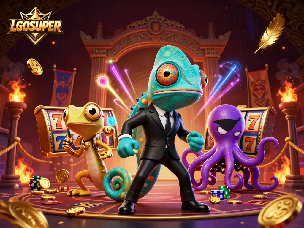 Engage with LGOSUPER's thrilling slots portrayed in a dynamic 3D casino illustration.